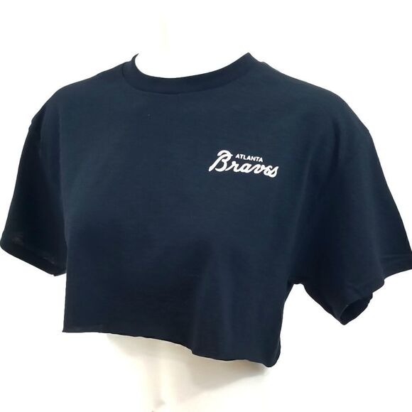Atlanta Braves Double Script Retro Logo MLB Cropped Crop Top Baseball Jersey Tee - Picture 3 of 6
